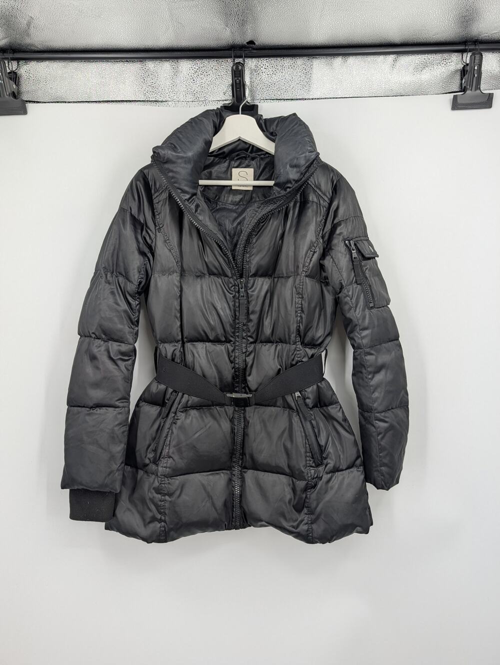 S13 NYC Insulated Down Jacket Hooded Puffer Belted Size Small Black Cold Weather